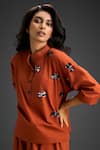 Shop_Deepika Arora_Orange Cotton Bows Mandarin Collar Designer Top And Pant Set _Online_at_Aza_Fashions