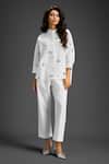 Buy_Deepika Arora_White Cotton Bows Mandarin Collar Designer Shirt And Pant Set _at_Aza_Fashions