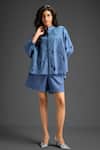 Shop_Deepika Arora_Blue Cotton Bows Collared Designer Embroidered Shirt And Shorts Set 