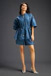 Buy_Deepika Arora_Blue Cotton Bows Mandarin Collar Designer Shirt And Shorts Set _at_Aza_Fashions
