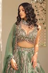 Label Astha Chhabra_Green Silk Organza Sequins, Embroidery V-neck Designer Jade Lehenga Set _Online_at_Aza_Fashions