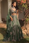 Buy_Label Astha Chhabra_Green Silk Organza Sequins, Embroidery V-neck Designer Jade Lehenga Set _Online_at_Aza_Fashions