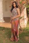 Buy_Label Astha Chhabra_Orange Organza Embroidery Round Neck Multi Color Draped Skirt And Top _Online_at_Aza_Fashions