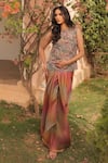 Buy_Label Astha Chhabra_Orange Organza Embroidery Round Neck Multi Color Draped Skirt And Top _at_Aza_Fashions