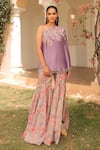 Buy_Label Astha Chhabra_Lilac Crepe, Organza Embroidery, Sequins One Shoulder Kaftan Tunic And Sharara Set _Online_at_Aza_Fashions