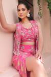 Label Astha Chhabra_Pink Crepe, Organza Embroidery Round Neck, Hot Designer Jacket And Skirt Set _Online_at_Aza_Fashions