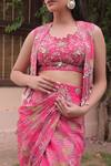 Shop_Label Astha Chhabra_Pink Crepe, Organza Embroidery Round Neck, Hot Designer Jacket And Skirt Set _Online_at_Aza_Fashions
