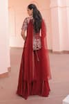Shop_Label Astha Chhabra_Maroon Silk, Organza Beads, Sequins, Embroidery Round Neck Jacket Kurta Set _at_Aza_Fashions