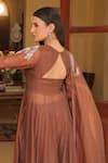 Shop_Label Astha Chhabra_Brown Silk Organza Embroidery Square Neck Copper Crushed Anarkali Set _at_Aza_Fashions