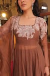 Label Astha Chhabra_Brown Silk Organza Embroidery Square Neck Copper Crushed Anarkali Set _Online_at_Aza_Fashions