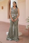 Buy_Label Astha Chhabra_Olive Green Satin Embroidery V-neck Tunic And Bellbottom Pant _at_Aza_Fashions