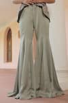 Label Astha Chhabra_Olive Green Satin Embroidery V-neck Tunic And Bellbottom Pant _Online_at_Aza_Fashions