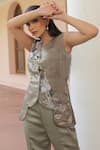 Buy_Label Astha Chhabra_Olive Green Satin Embroidery V-neck Tunic And Bellbottom Pant _Online_at_Aza_Fashions
