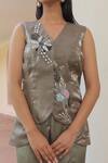 Shop_Label Astha Chhabra_Olive Green Satin Embroidery V-neck Tunic And Bellbottom Pant _Online_at_Aza_Fashions
