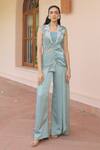 Buy_Label Astha Chhabra_Green Satin Beads, Sequins, Embroidery Sage Designer Blazer And Pant Set _at_Aza_Fashions