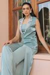 Label Astha Chhabra_Green Satin Beads, Sequins, Embroidery Sage Designer Blazer And Pant Set _Online_at_Aza_Fashions