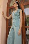 Buy_Label Astha Chhabra_Green Satin Beads, Sequins, Embroidery Sage Designer Blazer And Pant Set _Online_at_Aza_Fashions