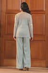 Shop_Label Astha Chhabra_Aqua Mesh, Crepe Embroidery V-neck Blue Jacket And Pant Set _at_Aza_Fashions