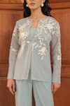 Label Astha Chhabra_Aqua Mesh, Crepe Embroidery V-neck Blue Jacket And Pant Set _Online_at_Aza_Fashions