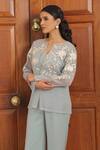 Buy_Label Astha Chhabra_Aqua Mesh, Crepe Embroidery V-neck Blue Jacket And Pant Set _Online_at_Aza_Fashions