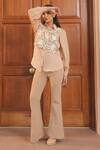 Label Astha Chhabra_Beige Mesh, Crepe Embroidery Collared Taupe Mixed Shirt And Pant Set _at_Aza_Fashions