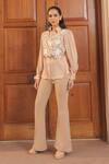 Buy_Label Astha Chhabra_Beige Mesh, Crepe Embroidery Collared Taupe Mixed Shirt And Pant Set _at_Aza_Fashions
