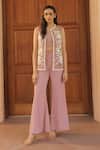 Buy_Label Astha Chhabra_Pink Mesh, Crepe Embroidery Round Neck Jacket And Wide Leg Pant Set _at_Aza_Fashions