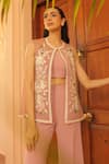 Label Astha Chhabra_Pink Mesh, Crepe Embroidery Round Neck Jacket And Wide Leg Pant Set _at_Aza_Fashions
