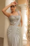 Label Astha Chhabra_Silver Crepe, Net Sequins, Embroidery Sweetheart Neck Pre-draped Saree And Corset _Online_at_Aza_Fashions
