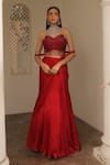 Buy_Label Astha Chhabra_Red Satin, Georgette, Net Embroidery Designer Corset And Draped Skirt Set _Online_at_Aza_Fashions