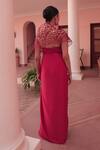 Shop_Label Astha Chhabra_Red Satin, Net Beads, Embroidery V-neck Designer Corset And Draped Skirt Set _at_Aza_Fashions
