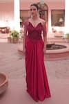 Label Astha Chhabra_Red Satin, Net Beads, Embroidery V-neck Designer Corset And Draped Skirt Set _Online_at_Aza_Fashions