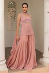 Label Astha Chhabra_Pink Satin, Organza Beads, Embroidery, Sequins Open Designer Tunic Sharara Set _Online_at_Aza_Fashions