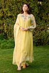 Shop_Naaz By Noor_Yellow Chanderi, Cotton, Organza Embroidery Round Neck Light Printed Kurta Set _Online_at_Aza_Fashions