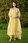 Naaz By Noor_Yellow Chanderi, Cotton, Organza Embroidery Round Neck Light Printed Kurta Set _at_Aza_Fashions