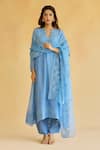 Shop_Naaz By Noor_Blue Chanderi, Cotton, Organza Pearls, Embroidery Split V-neck Kurta Set _at_Aza_Fashions