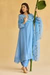 Naaz By Noor_Blue Chanderi, Cotton, Organza Pearls, Embroidery Split V-neck Kurta Set _Online_at_Aza_Fashions