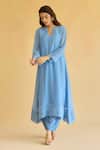 Buy_Naaz By Noor_Blue Chanderi, Cotton, Organza Pearls, Embroidery Split V-neck Kurta Set _Online_at_Aza_Fashions