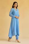 Shop_Naaz By Noor_Blue Chanderi, Cotton, Organza Pearls, Embroidery Split V-neck Kurta Set _Online_at_Aza_Fashions