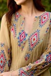 Buy_Naaz By Noor_Olive Green Chanderi, Cotton, Organza Embroidery V-neck Kurta Pant Set _Online_at_Aza_Fashions