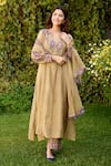 Buy_Naaz By Noor_Olive Green Chanderi, Cotton, Organza Embroidery V-neck Kurta Pant Set _at_Aza_Fashions