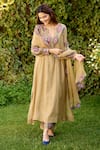 Shop_Naaz By Noor_Olive Green Chanderi, Cotton, Organza Embroidery V-neck Kurta Pant Set _Online_at_Aza_Fashions