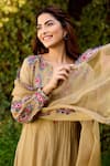 Naaz By Noor_Olive Green Chanderi, Cotton, Organza Embroidery V-neck Kurta Pant Set _at_Aza_Fashions