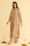 Naaz By Noor_Brown Chanderi, Cotton Embroidery Mandarin Collar Kurta Pant Set _Online_at_Aza_Fashions