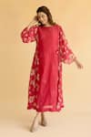 Shop_Naaz By Noor_Pink Chanderi Embroidery Round Neck Floral Dress _at_Aza_Fashions