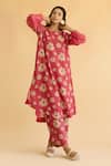 Buy_Naaz By Noor_Red Linen Embroidery Round Neck Floral Print Kurta And Pant Set _Online_at_Aza_Fashions