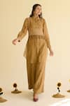 Shop_Naaz By Noor_Olive Green Chanderi Embroidery, Fringe Collared Shirt Tunic And Pant Set _Online_at_Aza_Fashions