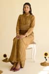 Naaz By Noor_Olive Green Chanderi Embroidery, Fringe Collared Shirt Tunic And Pant Set _at_Aza_Fashions