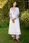 Naaz By Noor_White Chanderi, Cotton Embroidery Round Neck Multi Color Kurta Set _at_Aza_Fashions