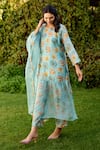 Buy_Naaz By Noor_Blue Chanderi, Cotton, Organza Embroidery Round Neck Printed Kurta Set _at_Aza_Fashions
